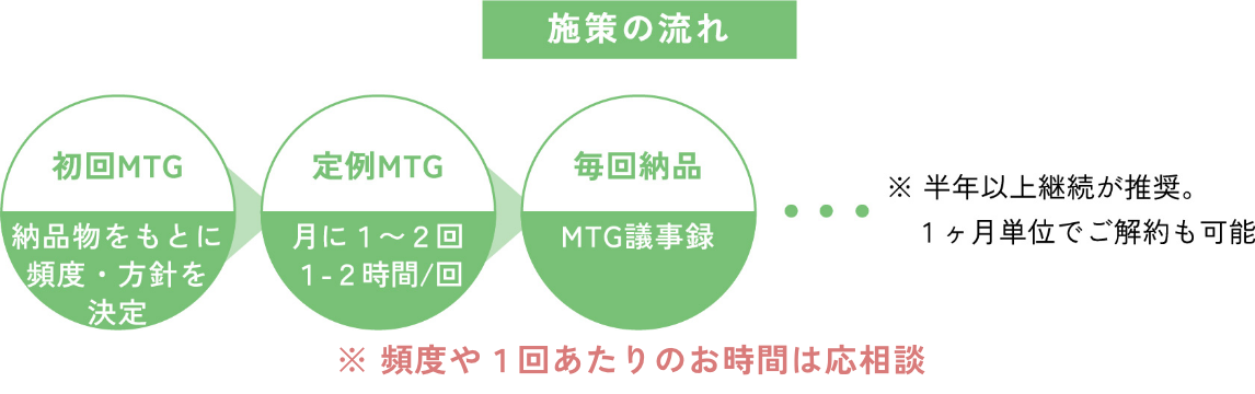 施策の流れ 初回MTG→定例MTG→毎回納品